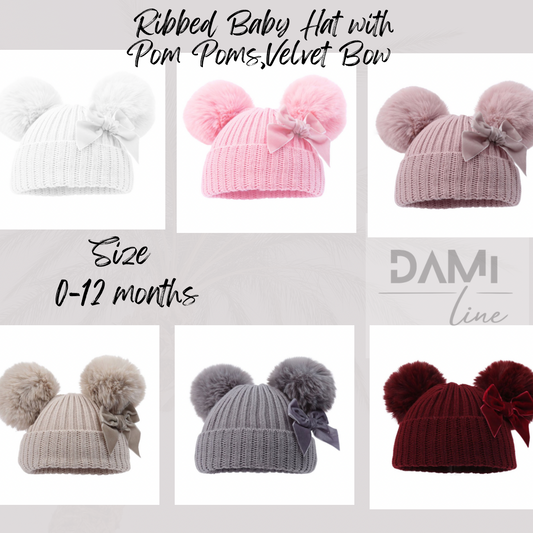 Ribbed Baby Hat with Pom Poms, Turnover & Velvet Bow