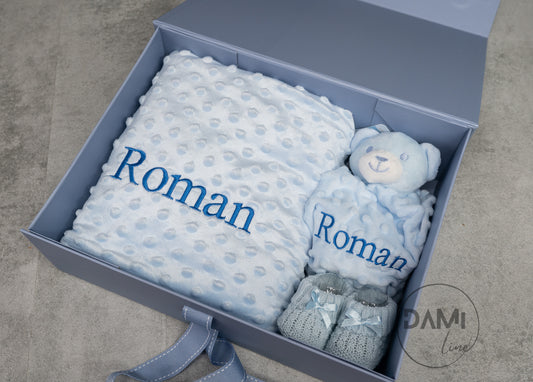 Personalised blue baby blanket, bear comforter and blue knitted booties gift set for boy | Baby boy gift set in magnetic box