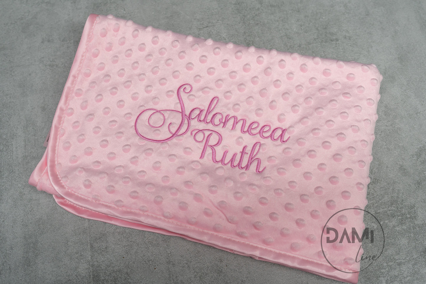 Personalised embroidered baby bubble blanket with fleece back and satin trim