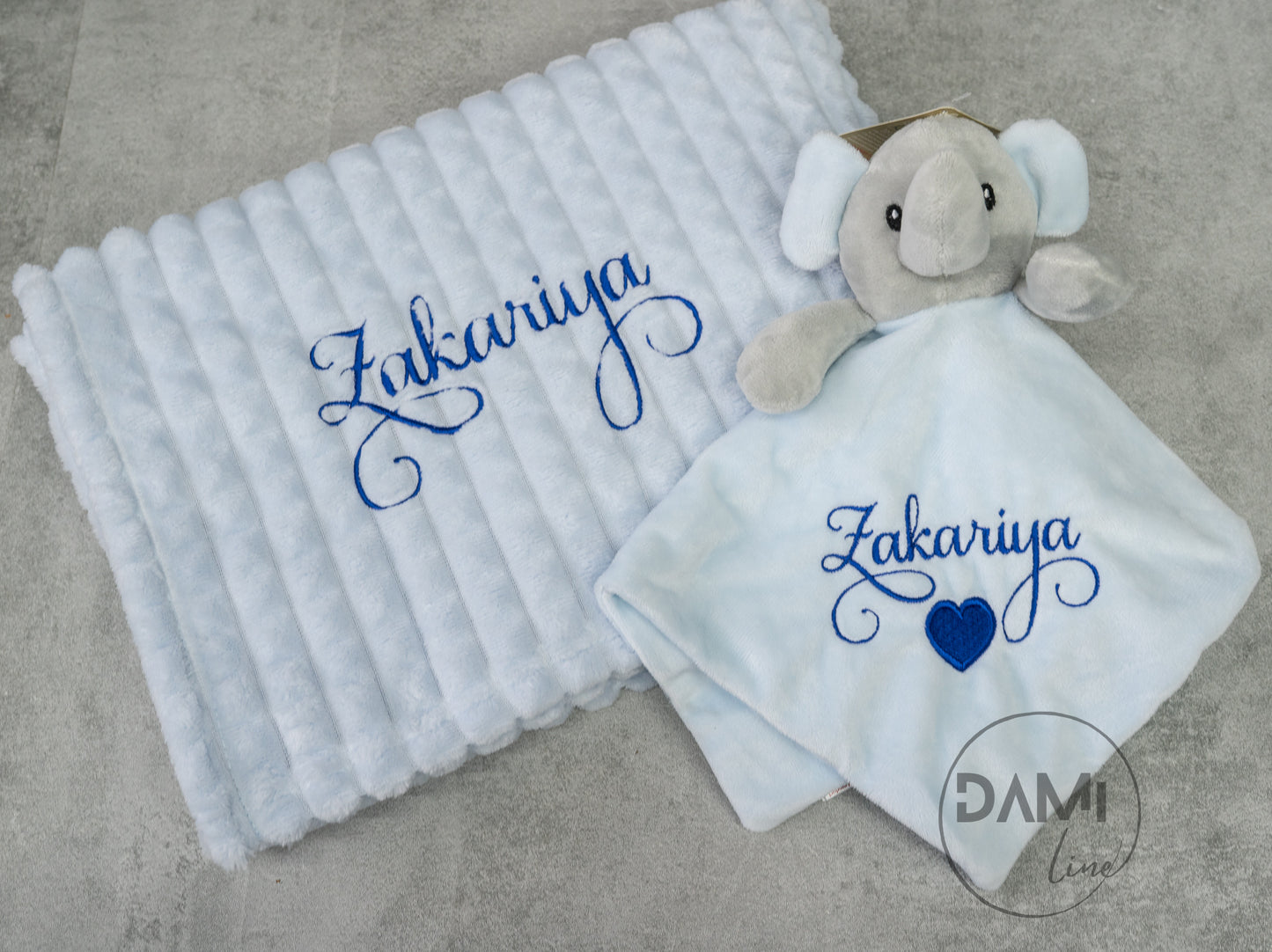 Personalised blue baby blanket and elephant comforter gift set for boy