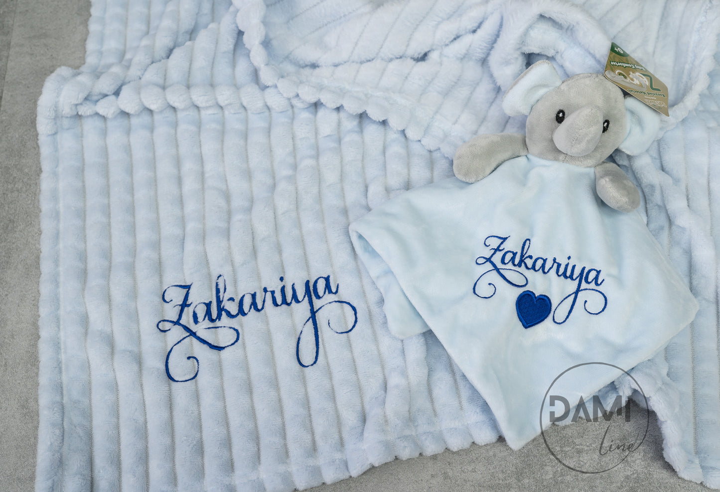 Personalised blue baby blanket and elephant comforter gift set for boy