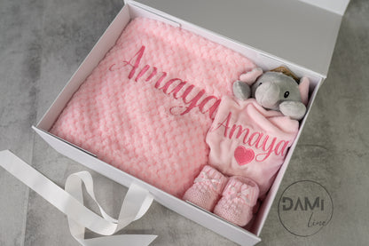 Personalised Baby Girl Gift Set – Pink Blanket, Elephant Comforter & Knitted Booties in Magnetic Gift Box