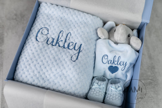 Personalised Baby Boy Gift Set – Blue Blanket, Elephant Comforter & Knitted Booties