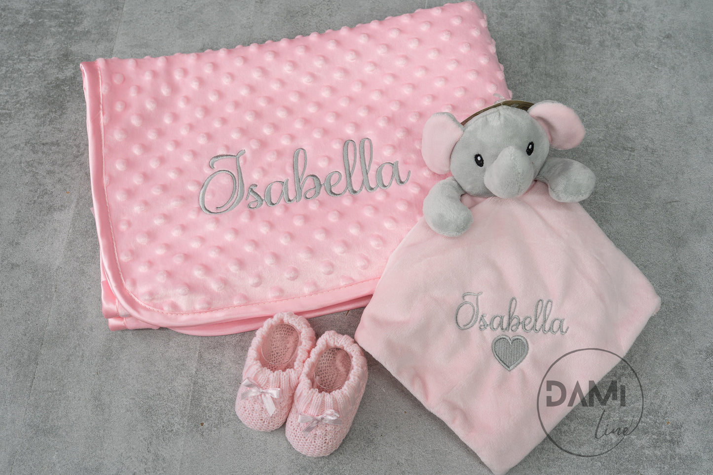 Personalised pink baby blanket, elephant comforter and pink booties gift set for baby girl | Baby gift set in box