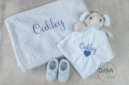 Personalised Baby Boy Gift Set – Blue Blanket, Elephant Comforter & Knitted Booties