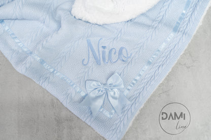 Personalised baby knitted blanket with satin bow and white sherpa back