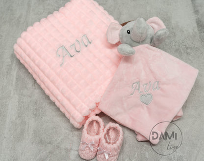 Personalised Baby Girl Gift Set – Pink Blanket, Elephant Comforter & Knitted Booties