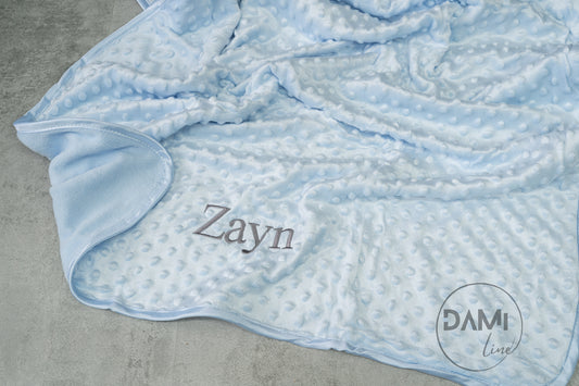 Personalised embroidered baby bubble blanket with fleece back and satin trim / times roman font