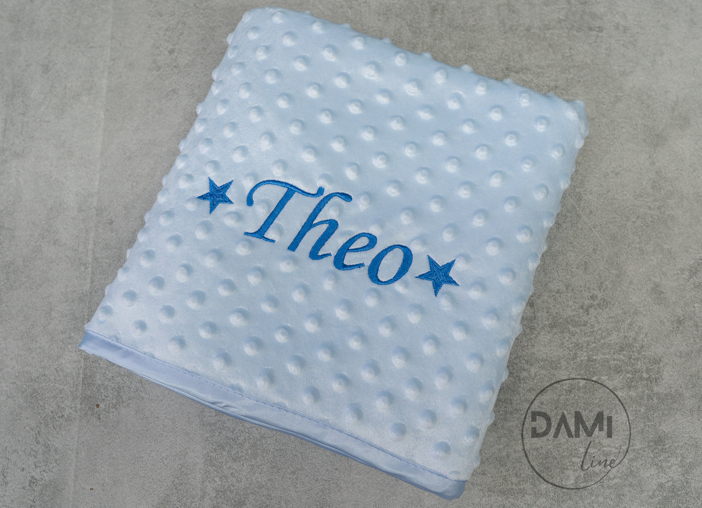 Personalised embroidered baby bubble blanket with fleece back and satin trim | Name + stars