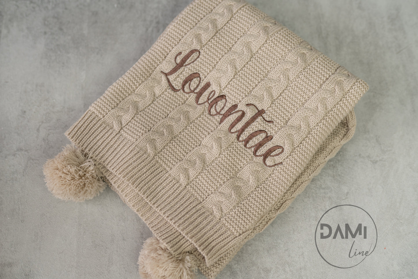 Personalised knitted baby blanket with 2 Pom-poms