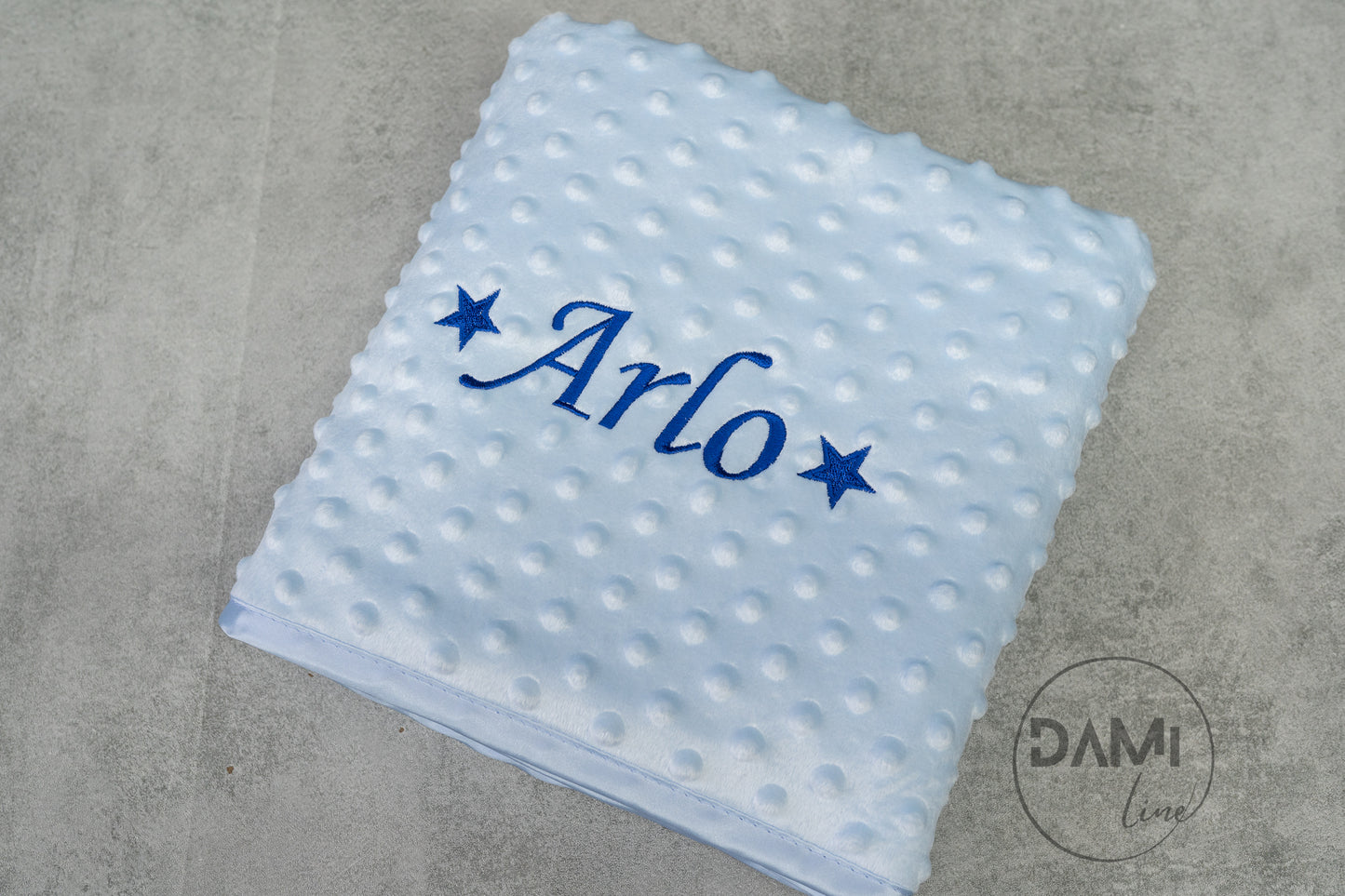 Personalised embroidered baby bubble blanket with fleece back and satin trim | Name + stars