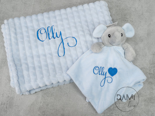 Personalised blue baby blanket and elephant comforter gift set for boy