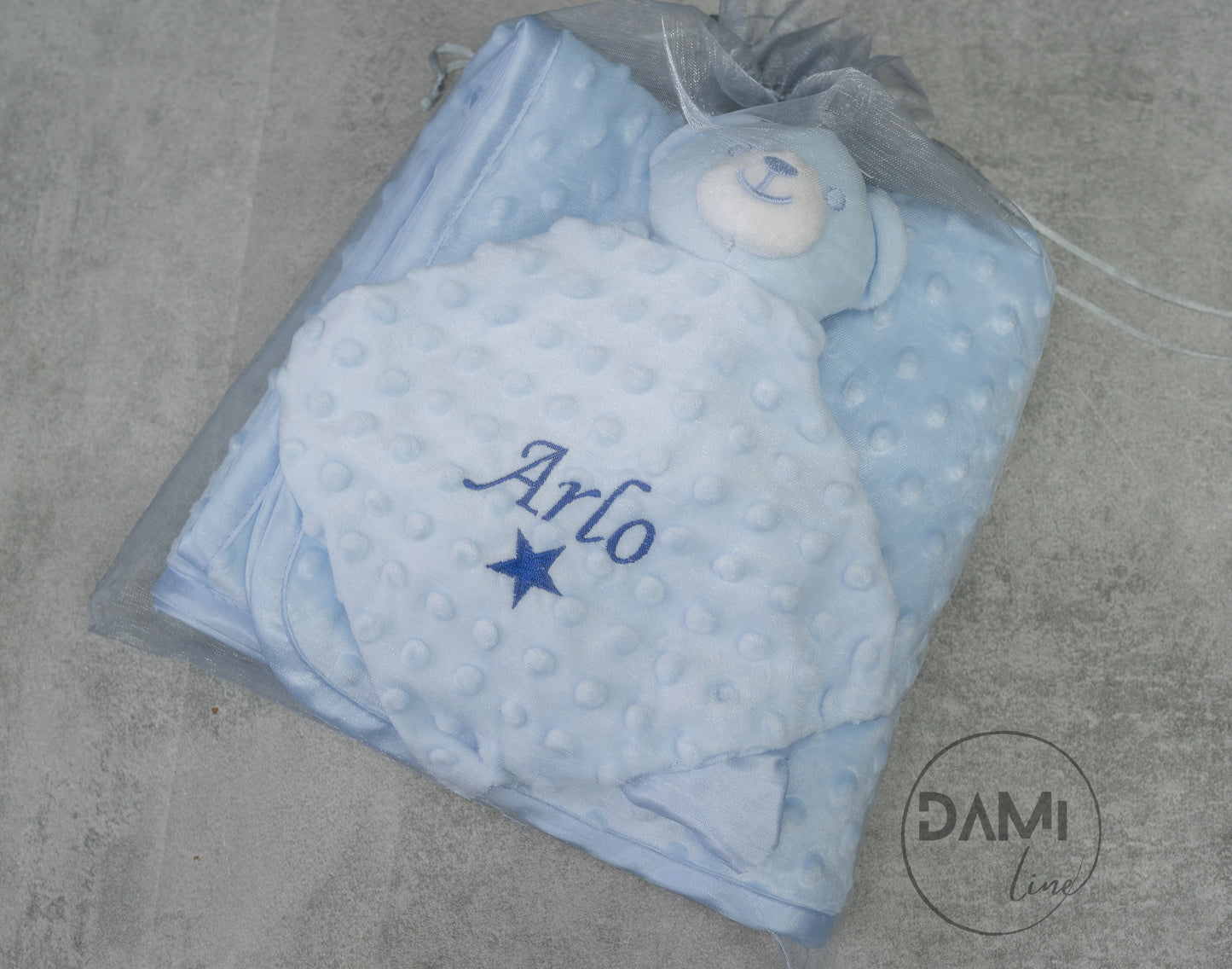 Personalised blue baby blanket and bear comforter gift set for boy