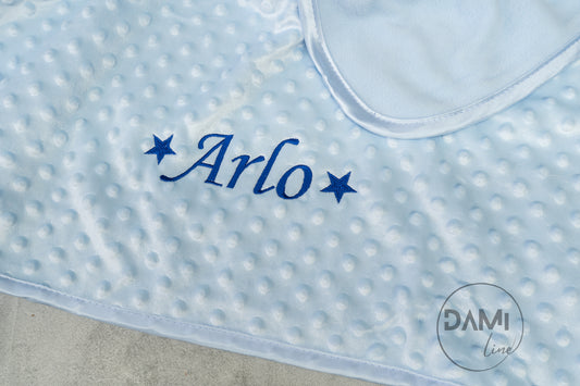 Personalised embroidered baby bubble blanket with fleece back and satin trim | Name + stars