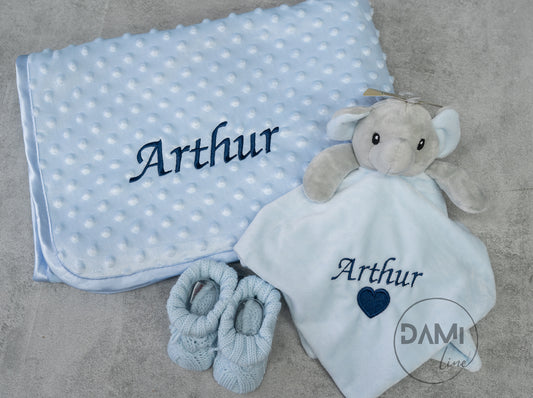 Personalised blue baby blanket, elephant comforter and blue knitted booties gift set for boy | Baby boy gift set in white magnetic box