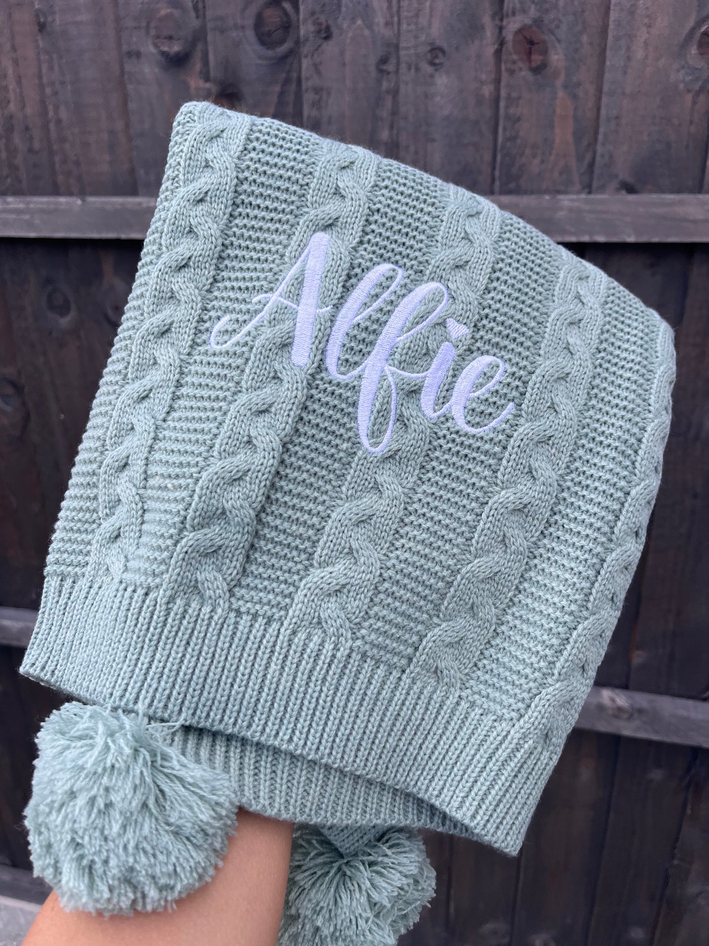 Personalised knitted baby blanket with 2 Pom-poms