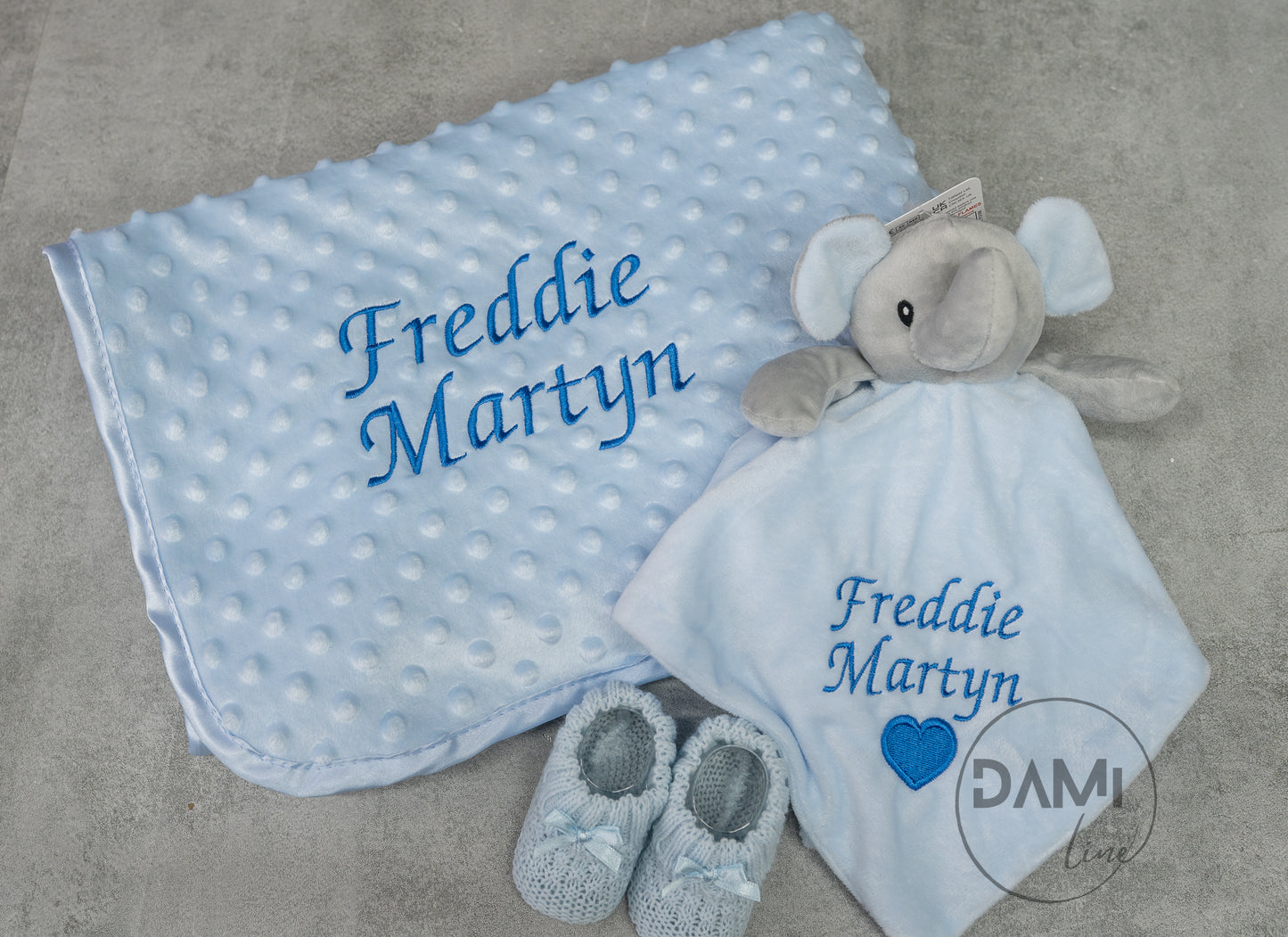 Personalised blue baby blanket, elephant comforter and blue knitted booties gift set for boy | Baby boy gift set in silver magnetic box