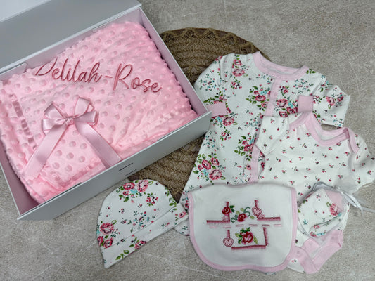 Baby Girl Gift Set – 5 Piece Floral Outfit | Personalised or Plain Blanket  | Baby girl gift set