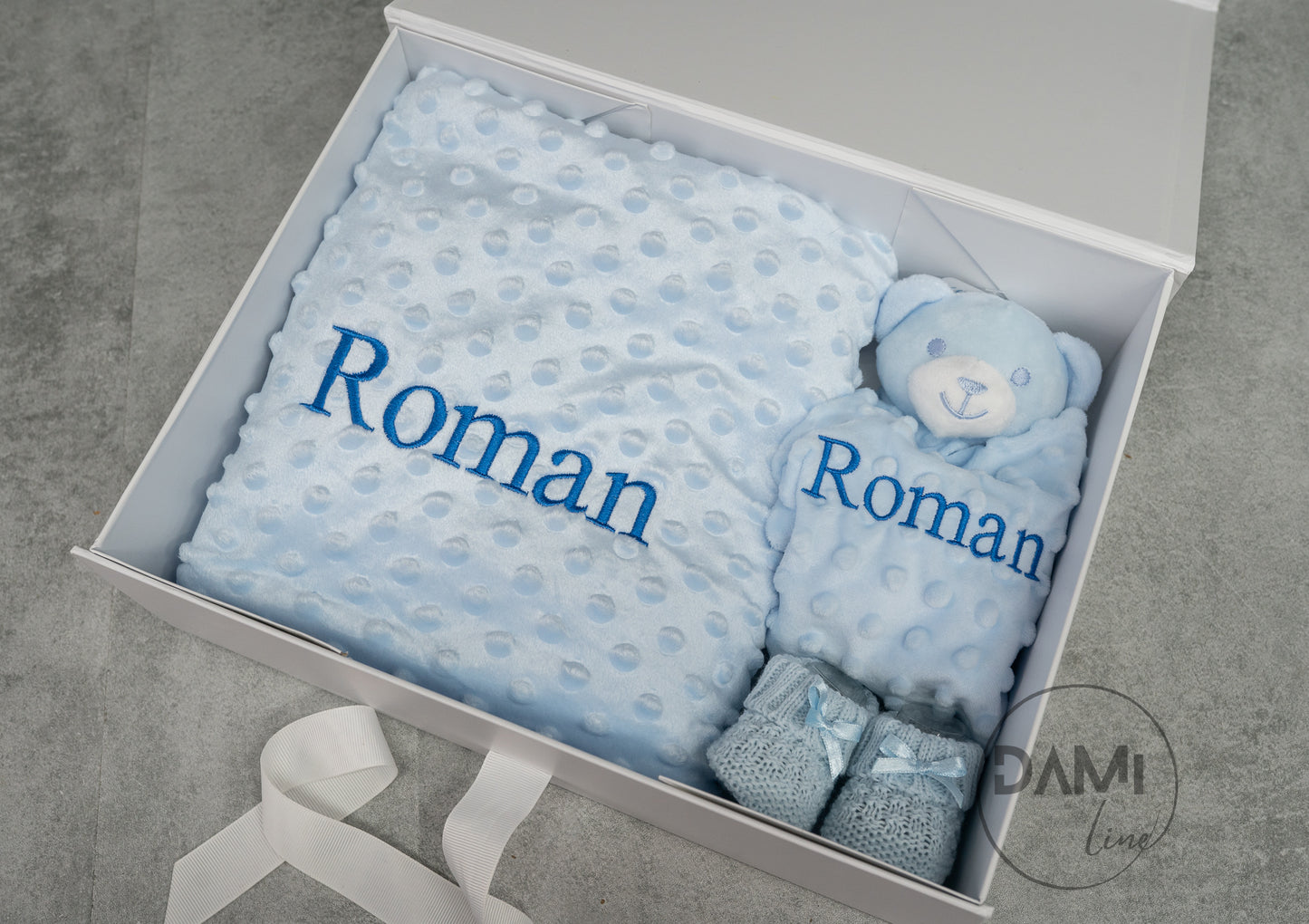 Personalised blue baby blanket, bear comforter and blue knitted booties gift set for boy | Baby boy gift set in magnetic box