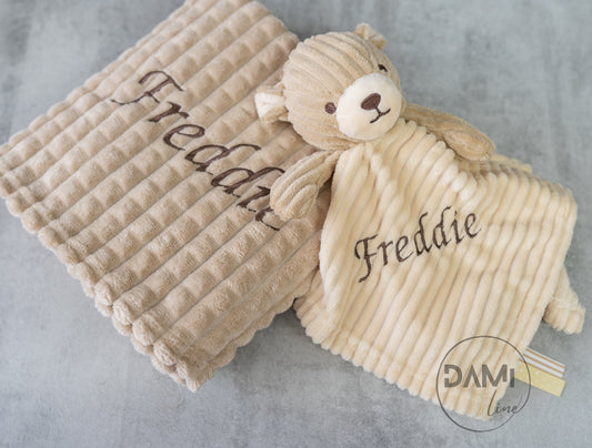 Personalised baby blanket and bear comforter gift set