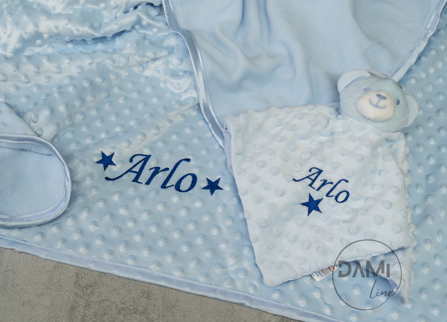 Personalised blue baby blanket and bear comforter gift set for boy