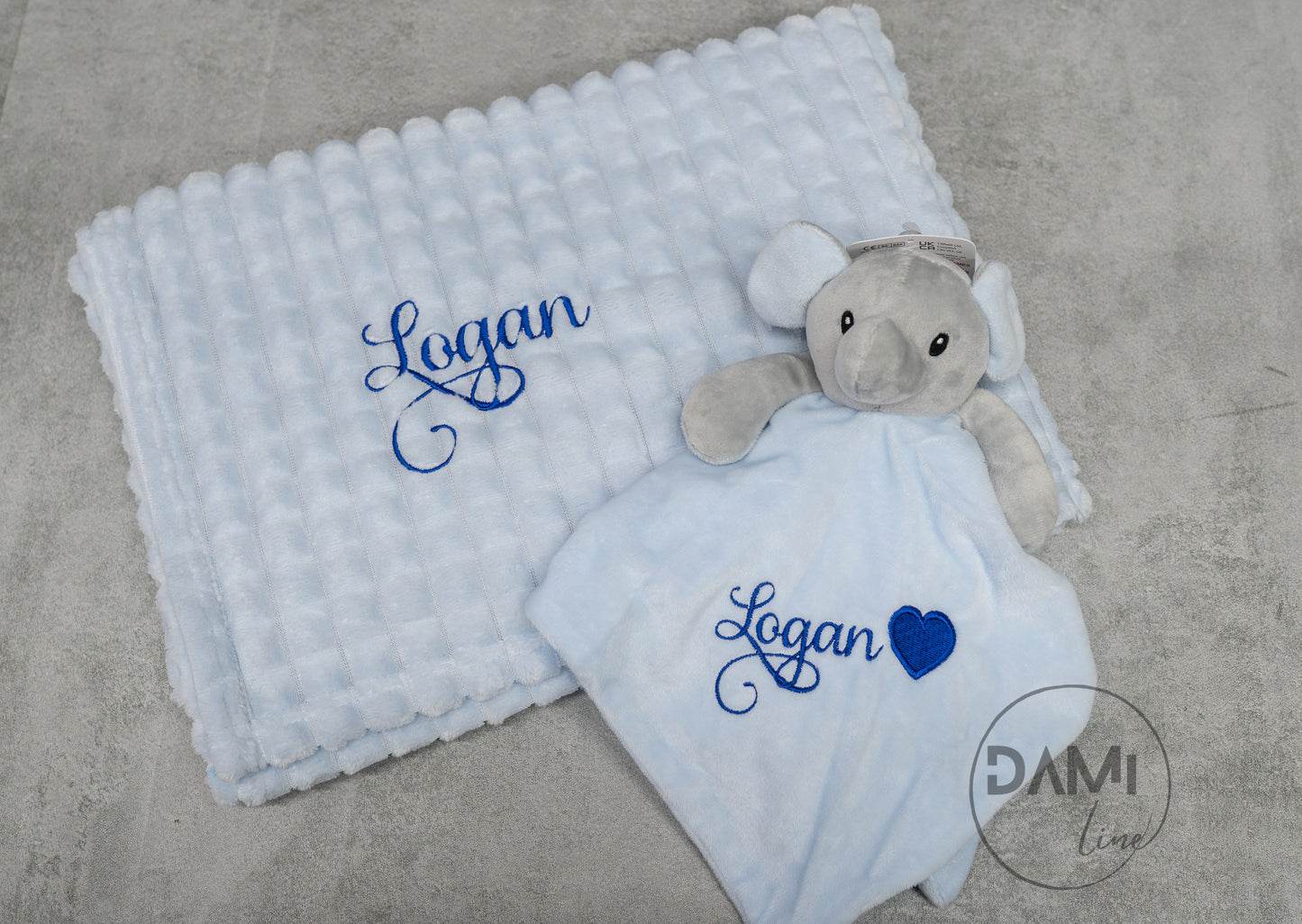 Personalised blue baby blanket and elephant comforter gift set for boy