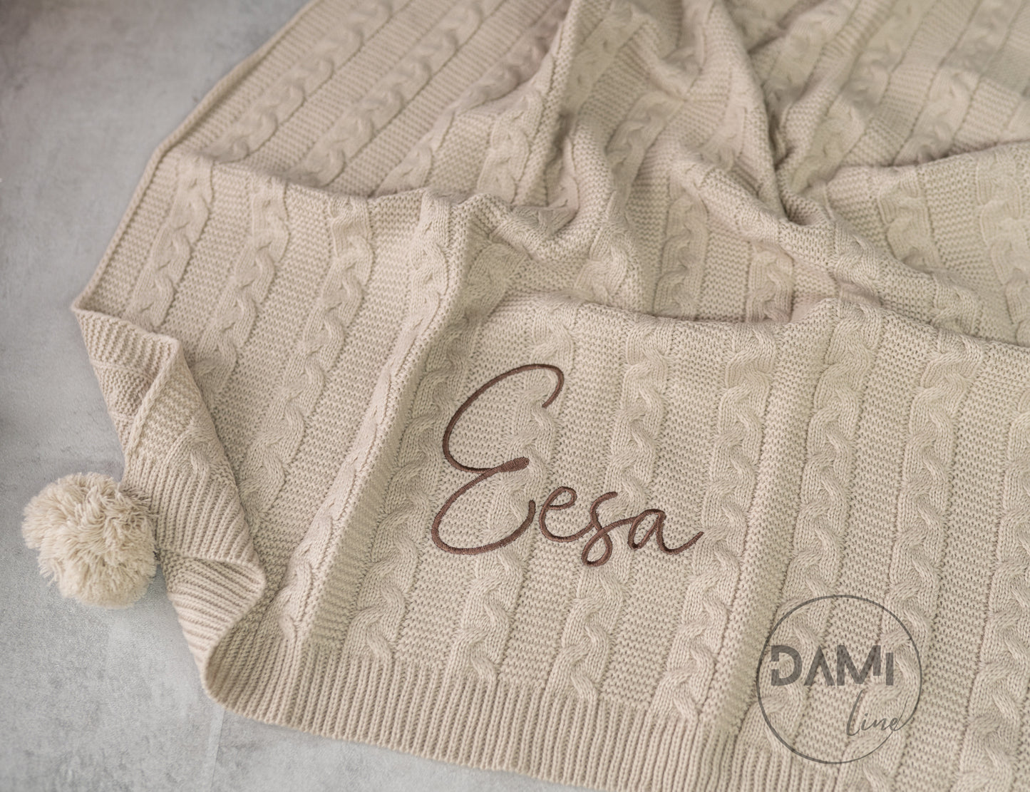 Personalised COFFEE knitted baby blanket with 2 Pom-poms