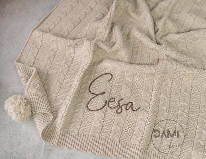 Personalised knitted baby blanket with 2 Pom-poms. Multiple colours available