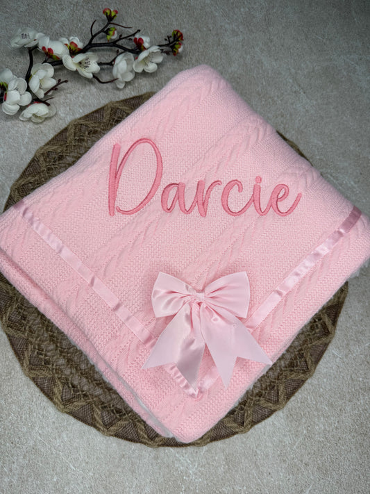 Personalised baby knitted blanket with satin bow and white sherpa back
