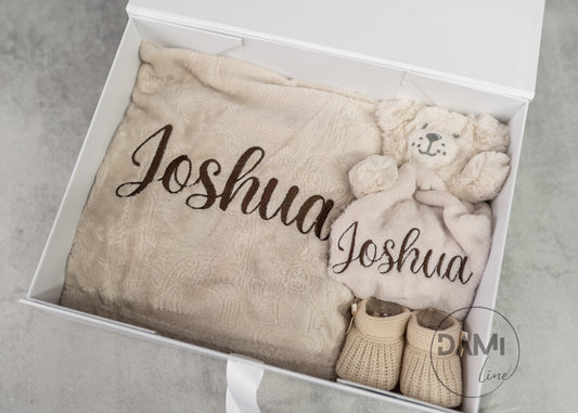Personalised baby blanket, puppy comforter and booties gift set