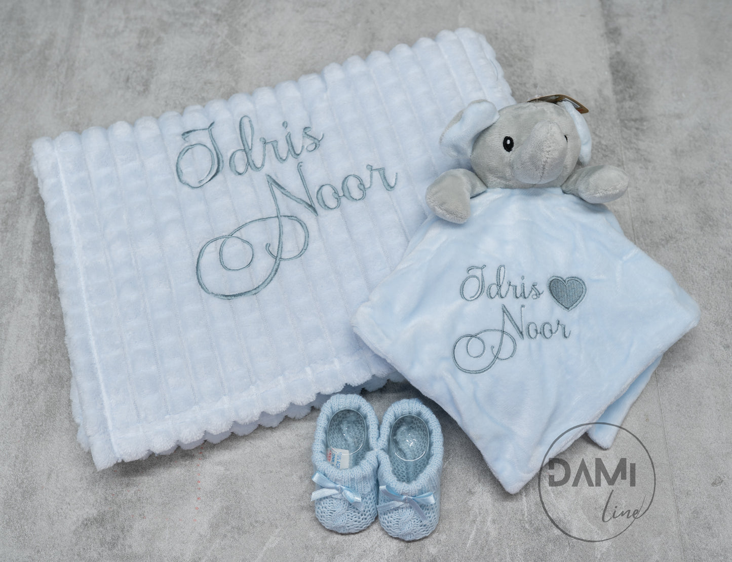 Personalised Baby Boy Gift Set – Blue Blanket, Elephant Comforter & Knitted Booties