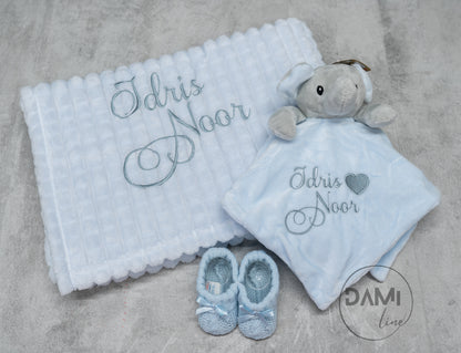 Personalised Baby Boy Gift Set – Blue Blanket, Elephant Comforter & Knitted Booties