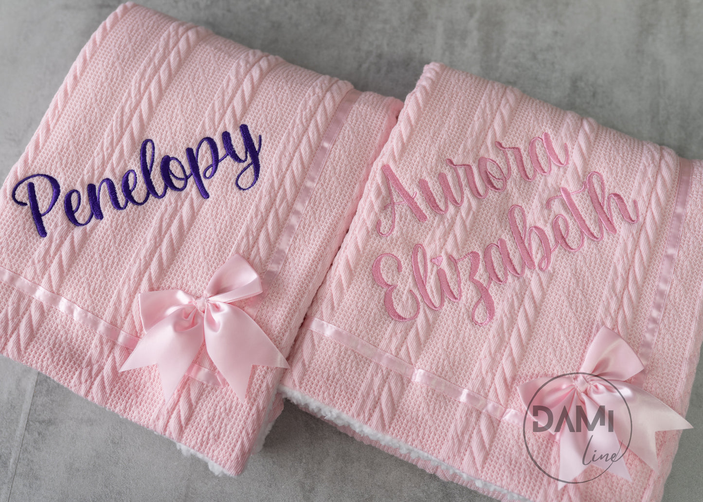 Personalised baby knitted blanket with satin bow and white sherpa back