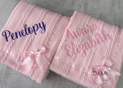 Personalised baby knitted blanket with satin bow and white sherpa back