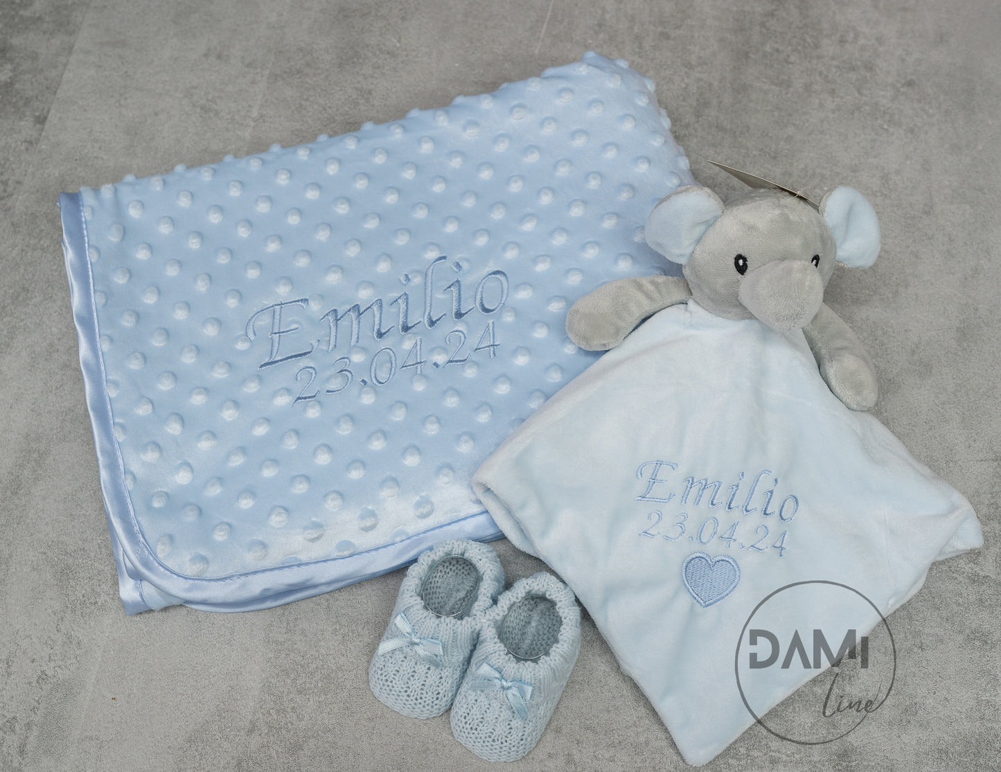 Personalised blue baby blanket, elephant comforter and blue knitted booties gift set for boy | Baby boy gift set in white magnetic box