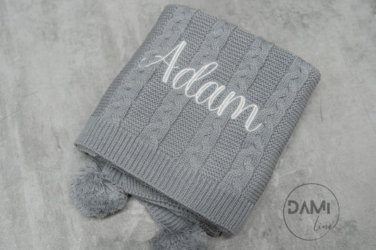 Personalised knitted baby blanket with 2 Pom-poms