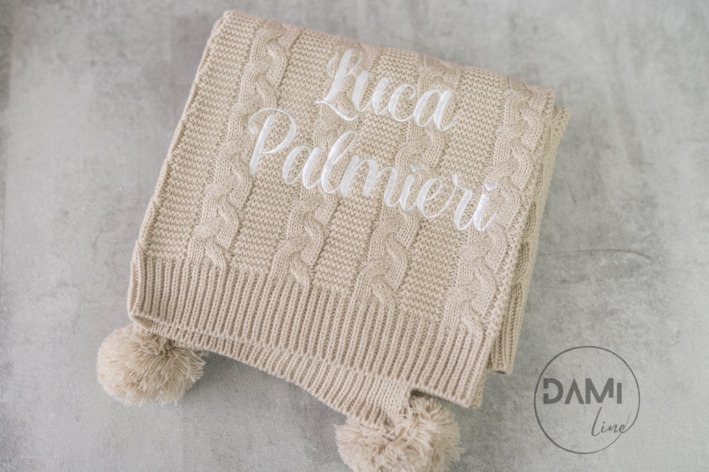 Personalised knitted baby blanket with 2 Pom-poms
