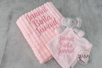 Personalised baby blanket, elephant comforter gift set for baby girl or boy