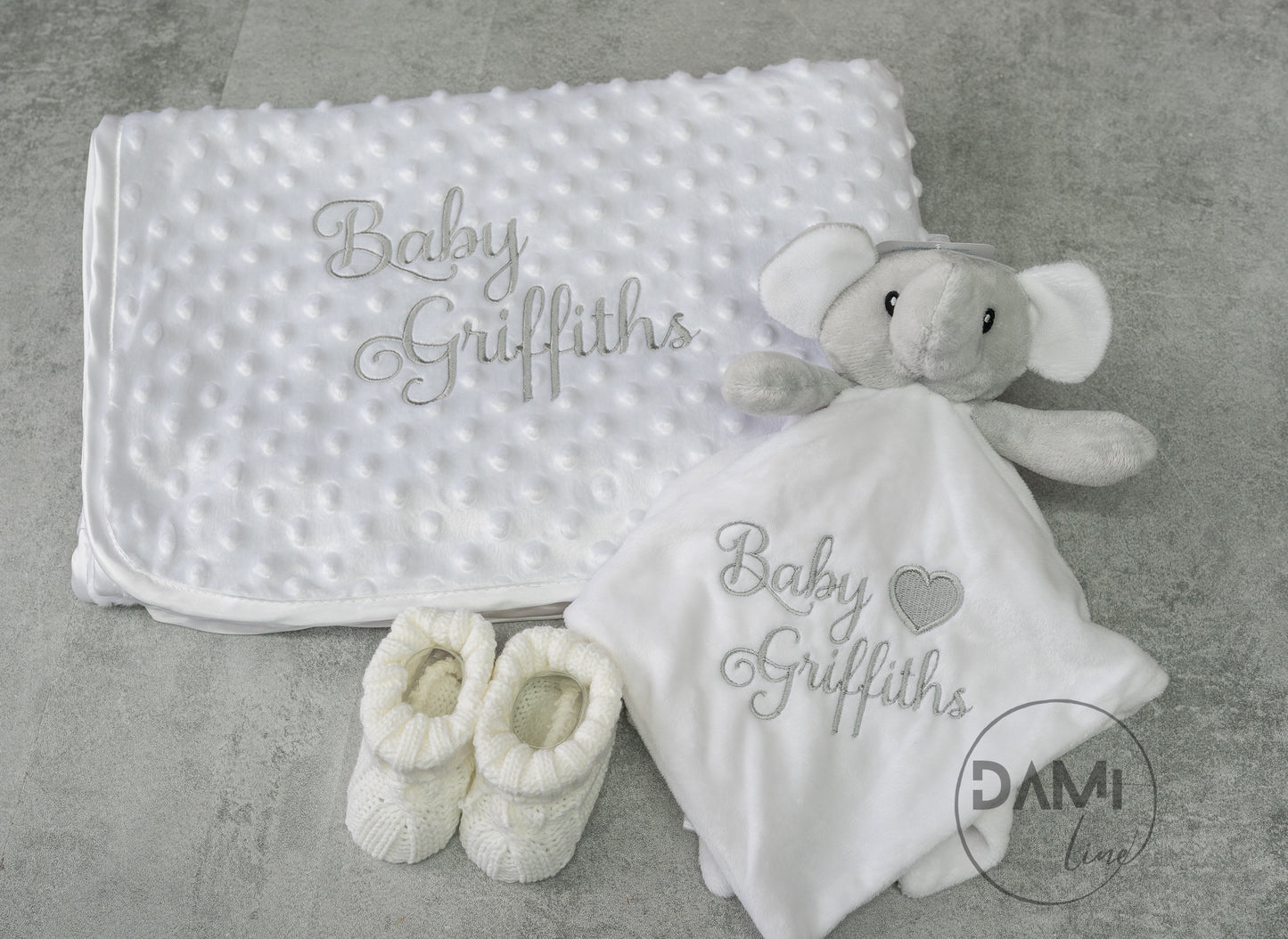 Personalised white baby blanket, elephant comforter and white booties gift set for baby girl or boy | Baby gift set in box