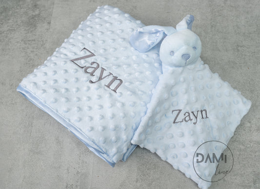 Personalised blue baby blanket and bunny comforter gift set for boy