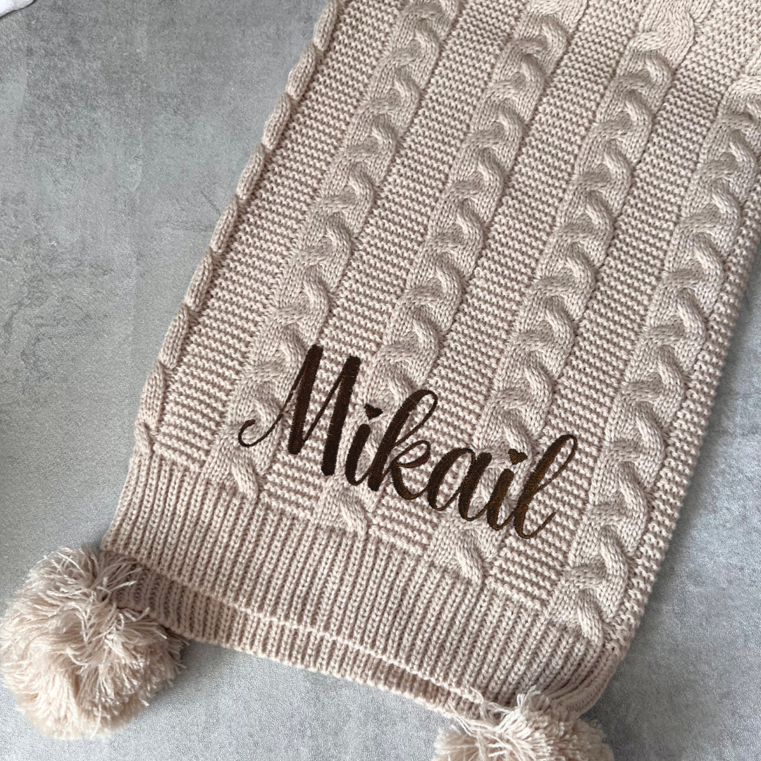 Personalised knitted baby blanket with 2 Pom-poms