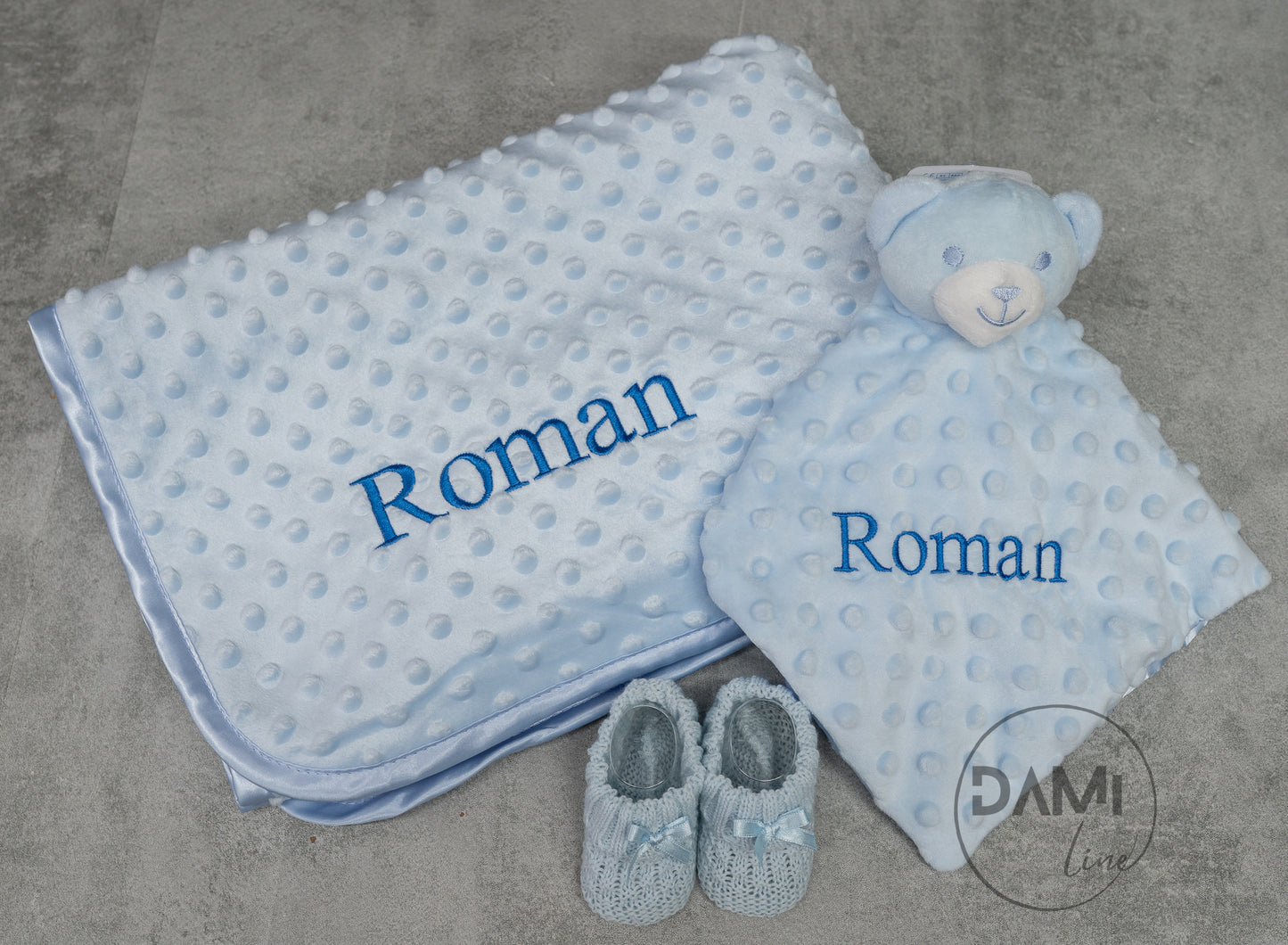 Personalised blue baby blanket, bear comforter and blue knitted booties gift set for boy | Baby boy gift set in magnetic box