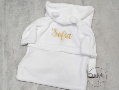 Personalised hooded baby bath robe, baby dressing gown-embroidery on back