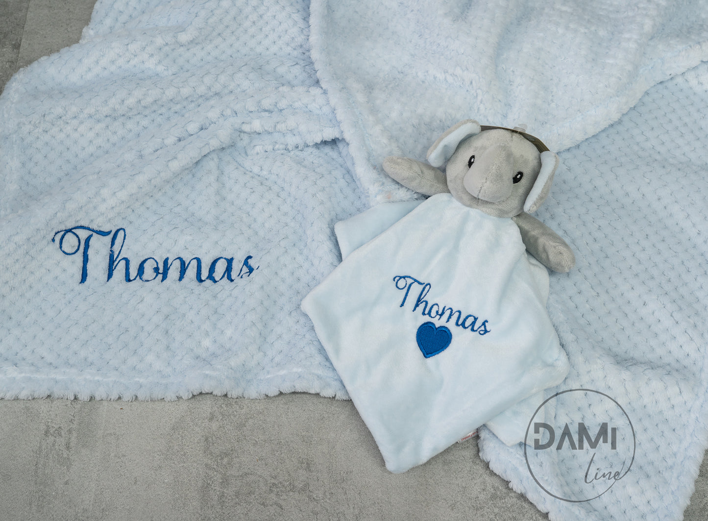 Personalised blue baby blanket and elephant comforter gift set for boy