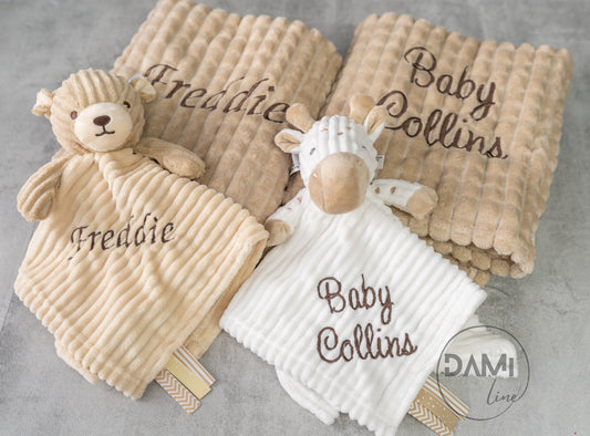 Personalised baby blanket, girraffe or bear comforter gift set for baby girl or boy