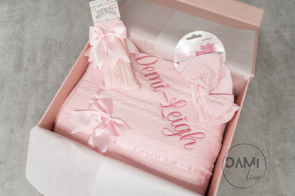 Personalised Baby Girl Gift Set | Pink Blanket, Headband & Socks