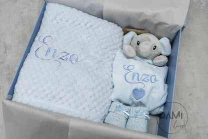 Personalised Baby Boy Gift Set – Blue Blanket, Elephant Comforter & Knitted Booties
