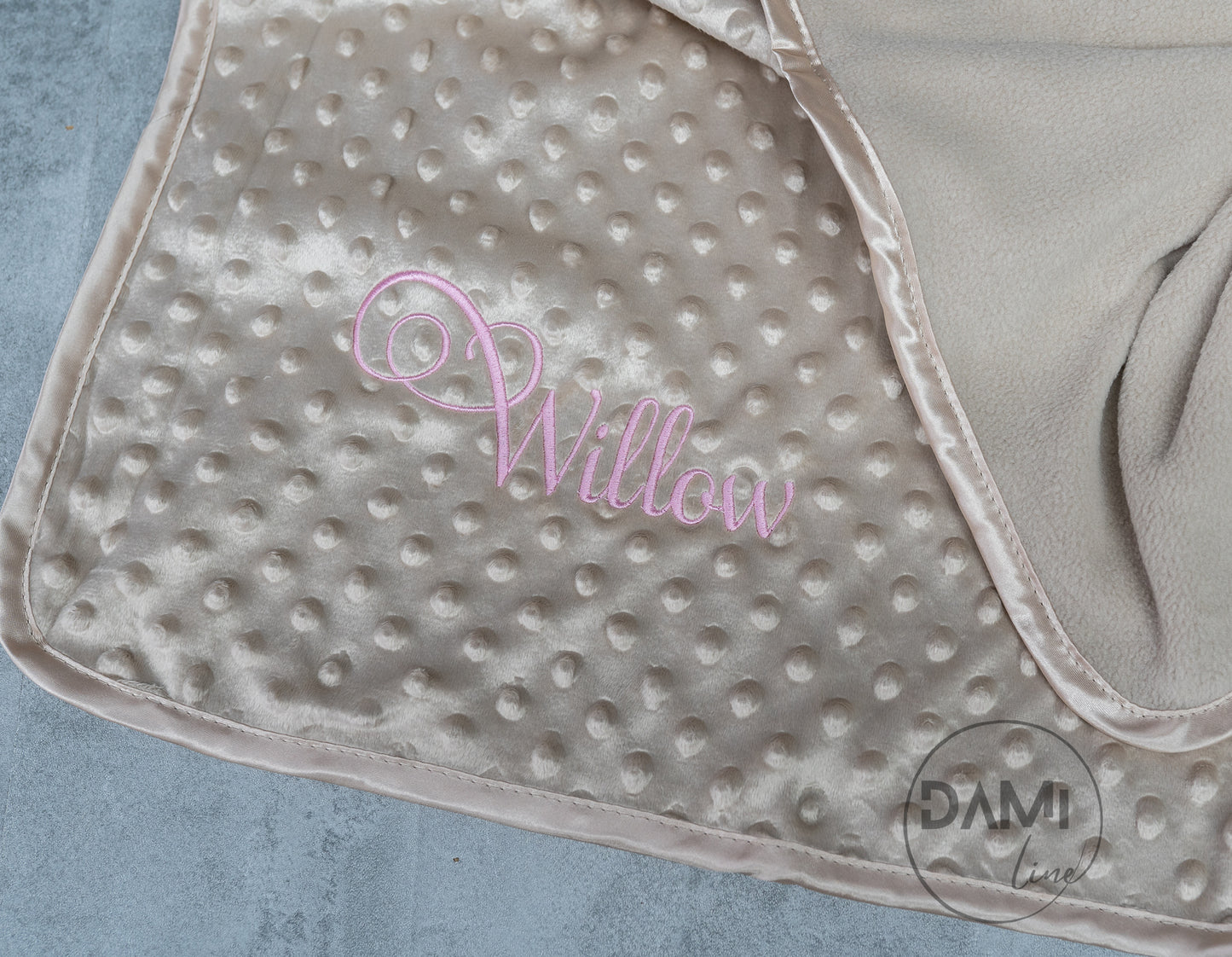 Personalised embroidered baby bubble blanket with fleece back and satin trim