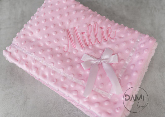 Personalised bubble blanket with satin bow and sherpa back. Multiple colours available.