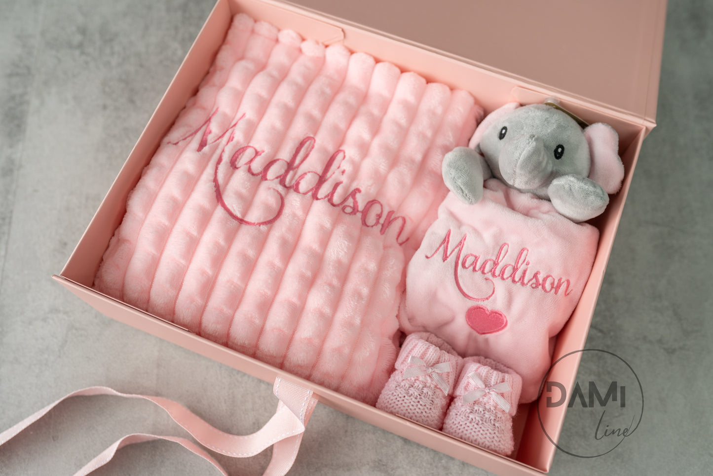 Personalised Baby Girl Gift Set – Pink Blanket, Elephant Comforter & Knitted Booties in Gift Box